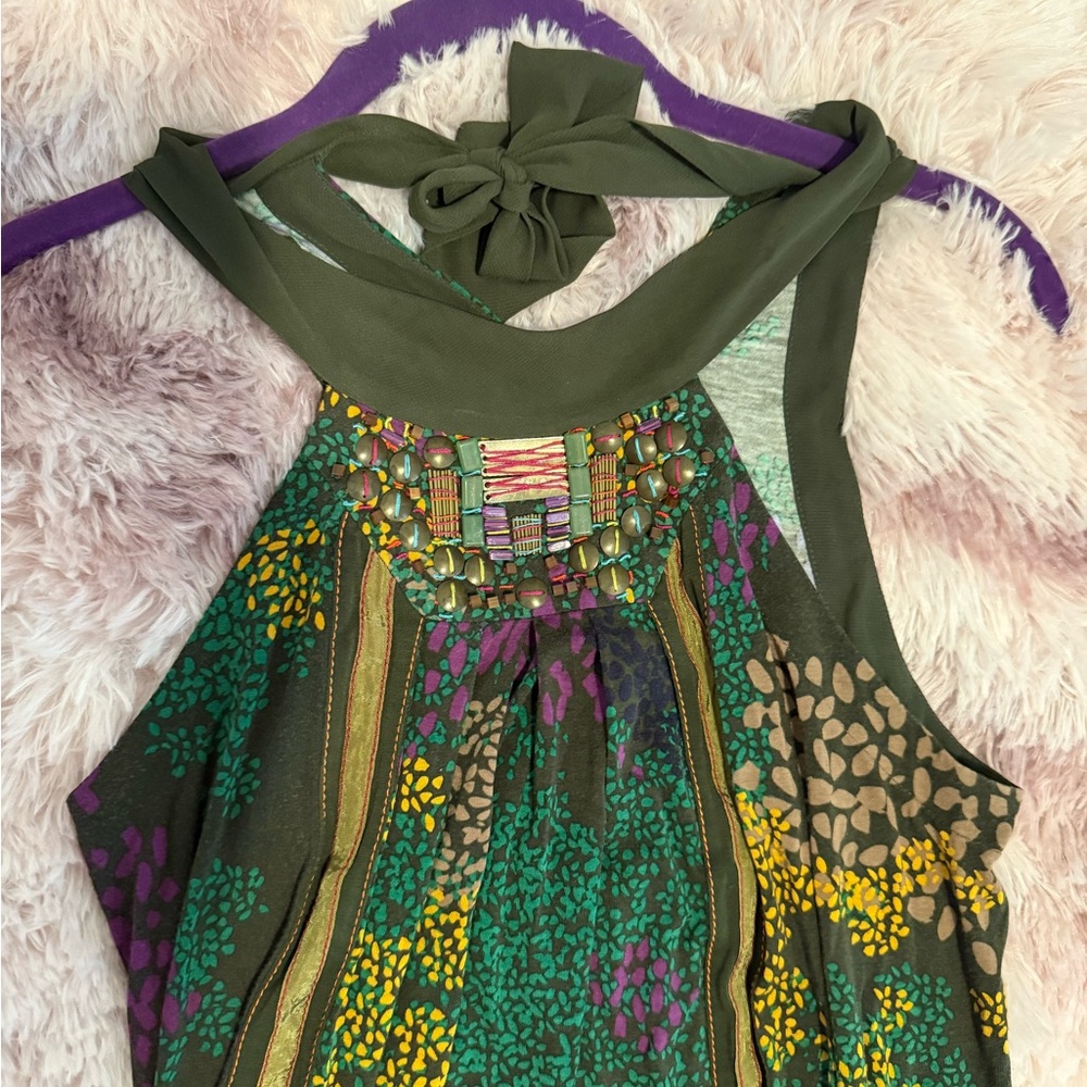 Floral Halter Neck Top with Beaded Accents